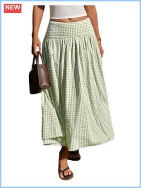 Women's Plaid Gingham Maxi Skirt Low Waist Flowy Long Skirt